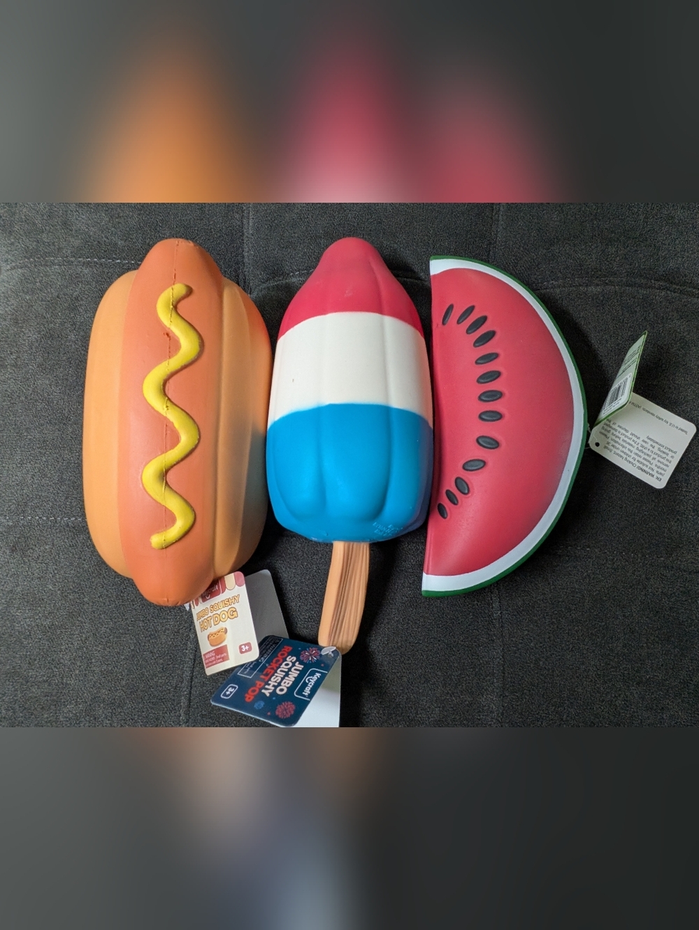 Jumbo Summer Squishy Sensory Toy Trio - Hotdog, Rocket Pop, Watermelon